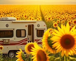 cozy RV lifestyle, nostalgic, nestled in a field of blooming sunflowers, photorealistic, endless rows of vibrant sunflowers swaying in the wind, highly detailed, bees buzzing around the sunflowers, exquisite detail, bright yellows and greens, golden afternoon sunlight, shot with a close-up lens