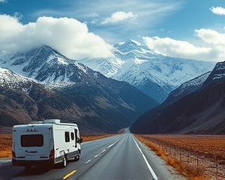 adventurous RV adventure, thrilled, journeying across towering mountain passes, photorealistic, snow-capped peaks stretching into the sky, highly detailed, clouds casting dramatic shadows, excellent depth perception, icy blues and whites, high noon lighting, shot with a fisheye lens