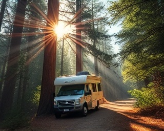 rugged RV adventure, joyful, navigating through dense forest trails, photorealistic, towering trees with sunbeams piercing through, highly detailed, leaves rustling in the wind, sharp focus, earthy tones, dappled sunlight, shot with a zoom lens