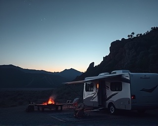 scenic RV camping, relaxed, setting up camp near a rocky hill, photorealistic, stars beginning to appear in the twilight sky, highly detailed, campfire smoke rising upwards, deep focus, soothing blues and grays, twilight lighting, shot with a telephoto lens