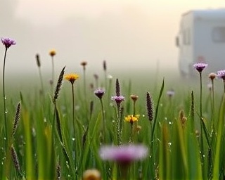 peaceful RV travel, tranquil, cruising through the misty morning meadows, photorealistic, fog gently lifting to reveal wildflowers, highly detailed, dew drops glistening on grass blades, ultra smooth bokeh, soft pastel hues, diffused morning light, shot with a macro lens
