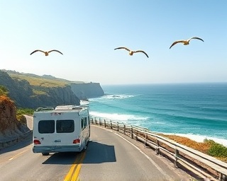 exciting RV roadtrip, curious, driving along a scenic coastal highway, photorealistic, waves crashing against the cliffs beside the road, highly detailed, seagulls gliding overhead, expansive depth of field, vivid ocean blues, midday sunlight, shot with a panoramic lens