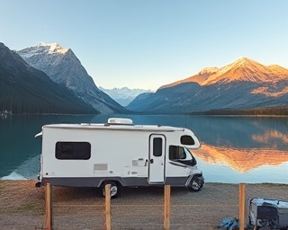 leisurely RV lifestyle, content, parked at a serene lakeside, photorealistic, calm waters reflecting surrounding mountains, highly detailed, gentle ripples on the lake, crisp clarity, warm pastel colors, sunset glow, shot with a standard lens